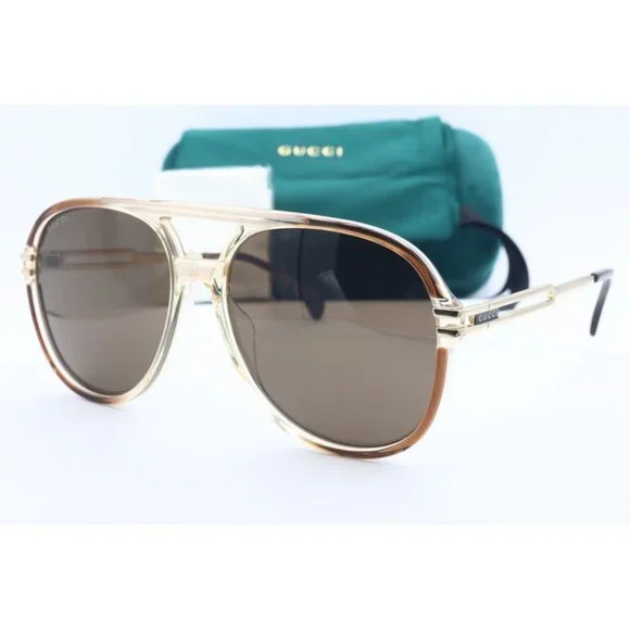 Gucci GG 1104S 002 Aviator Pilot Brown and Gold Sunglasses Brown Lenses NEW - Picture 1 of 6